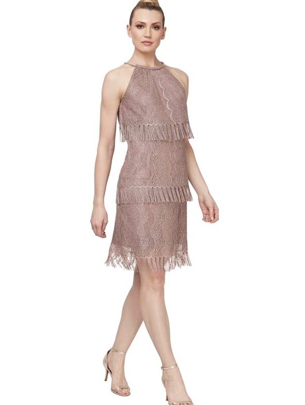 S.L. Fashions Women's Blouson Halter Crochet Fringe Hem Short Dress Size 14 Rose